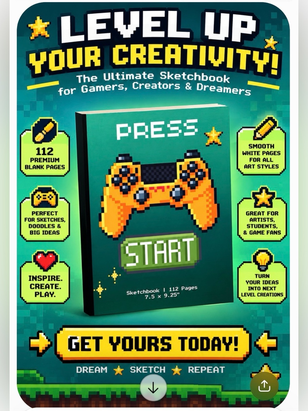 Level Up Your Creativity Green Sketchbook – Video Game Themed